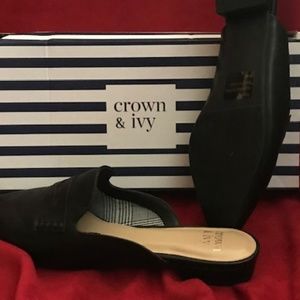 Crown & Ivy Black Leather Slip on Mules. New 8.5